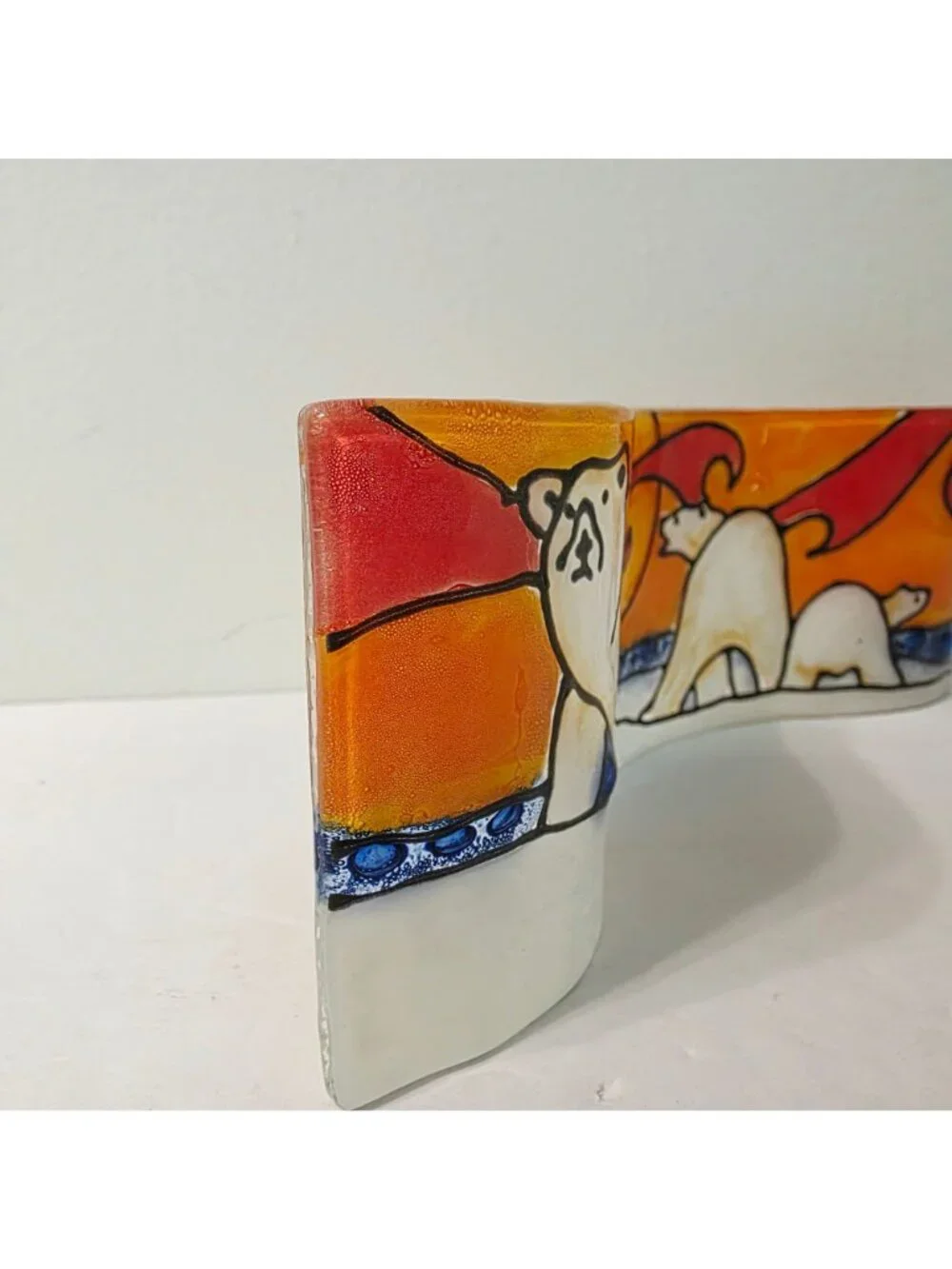 Hand Painted Pampeana Fused Glass Polar Bears Wave Plate Freestanding Home Decor